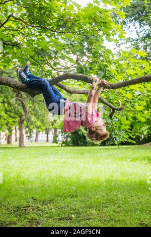 Junge süße Kinder hängen von einem Baum im Sommer Stockfoto