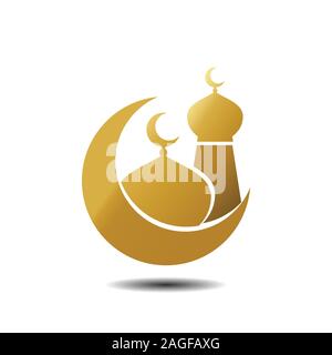 Golden Moon und Moschee Design. Moderne Moschee muslimische Symbol Vektor Gold auf weißem Hintergrund. Eps 10. Stock Vektor