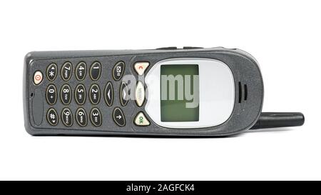 Altes Mobiltelefon auf weißem Hintergrund mit Freistellungspfad isoliert Stockfoto