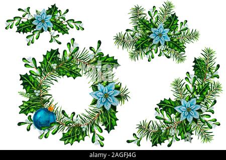 Aquarell Weihnachten Kranz, Girlanden und Anordnung mit Weißer Weihnachtsstern Pflanze, blau Ornament, tanne Zweig und Holly, isoliert auf dem weißen backgroun Stockfoto