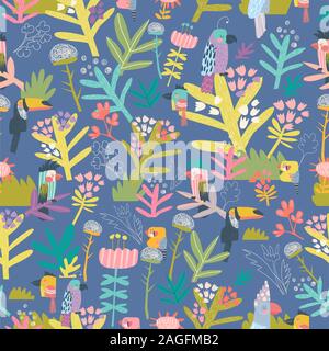 Nahtlose florales Muster mit Vögeln auf blauem Hintergrund Stock Vektor