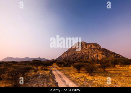 Tsodilo Hügel „Männerhügel“, Abendglühen, alte Felsmalereien, kalahari Wüste, Botsuana, Südafrika, Afrika Stockfoto