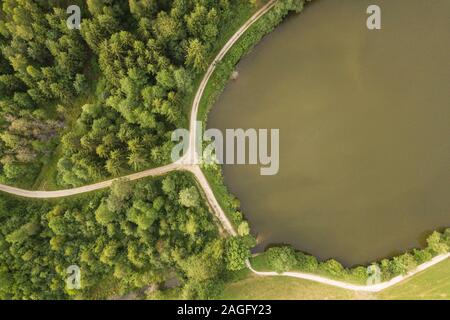 Blick von oben auf die Wanderweg durch den Wald an einem See im Sommer Stockfoto