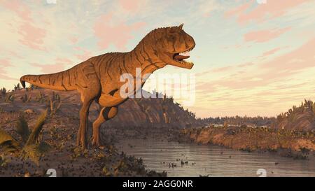 Carnotaurus Saurier brüllt bei Sonnenuntergang - 3D-Rendering Stockfoto