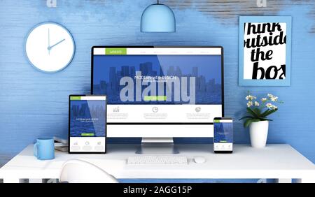 Blau Studio mit reaktionsschnellen moderne Web Design auf Mock up Geräte 3D-Rendering Stockfoto