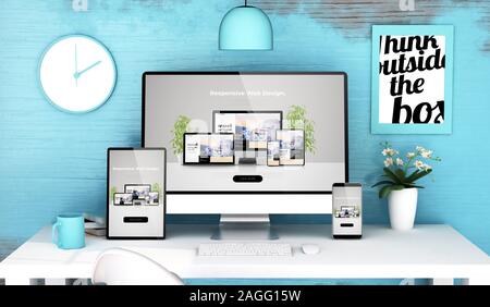 Blau Studio mit reaktionsschnellen web design auf Mock up Geräte 3D-Rendering Stockfoto