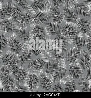 Aquarell monochromen Palm Blätter auf einem grauen Hintergrund. Nahtlose Muster. Abbildung. Stockfoto