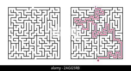 Vektor Square Labyrinth - Labyrinth mit inbegriffen Lösung in Schwarz und Rot. Lustige pädagogische Mind Spiel für Koordination, Problemlösung, Entscheidungsfindung Stock Vektor