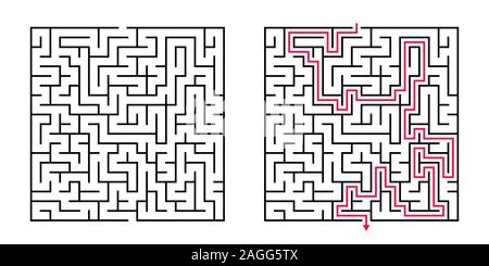 Vektor Square Labyrinth - Labyrinth mit inbegriffen Lösung in Schwarz und Rot. Lustige pädagogische Mind Spiel für Koordination, Problemlösung, Entscheidungsfindung Stock Vektor
