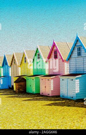 Die berühmten mersea Island Beach Huts in West Mersey, schönen Sand gefüllt Strände an einem Sommertag Stockfoto