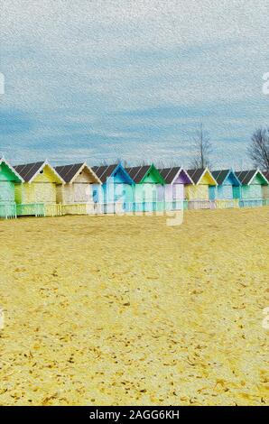 Die berühmten mersea Island Beach Huts in West Mersey, schönen Sand gefüllt Strände an einem Sommertag Stockfoto