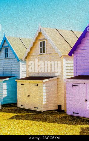 Die berühmten mersea Island Beach Huts in West Mersey, schönen Sand gefüllt Strände an einem Sommertag Stockfoto