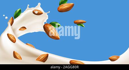 Milch oder Joghurt Swirl mit Mandel- Bohnen auf blauem Hintergrund isoliert Stock Vektor