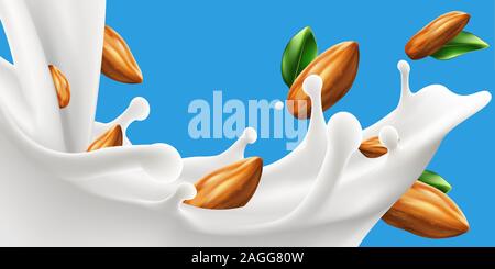Milch Spritzen mit Mandel Bohnen 3d Vektor backgrond Abbildung Stock Vektor