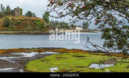 Anzeigen von Aros Schloss bei Ebbe auf der Isle of Mull, Schottland. Stockfoto