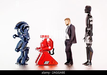 Ein Mann wartet in einer Linie zwischen Robotern. 3D-Rendering. Stockfoto