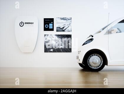 Zentrale home Energiespeicher mit digitalen Bedienfeld und ein Auto. 3D-Rendering. Stockfoto