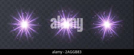 Licht Flares auf Transparenten Hintergrund isoliert. Lila Lens Flares, Bokeh, Funkeln, glänzenden Sternen Sammlung. Stock Vektor