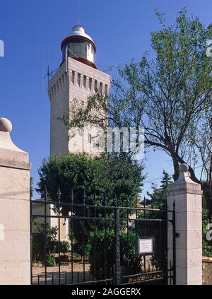 Den Leuchtturm von La Garoupe Beihilfen die Nacht Antibes Südfrankreich zur Navigation Stockfoto