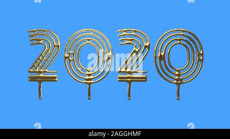 Glück für das Neue Jahr Schriftzug 2020 aus Gold gegossen. Auf blauem Hintergrund 3 isolierte d Abbildung. Stockfoto