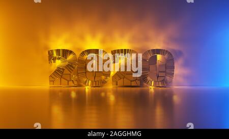 Glück für das Neue Jahr Schriftzug 2020 durch Risse oder Brüche im Glas oder Stein über Wand gemacht. 3D-Darstellung. Stockfoto