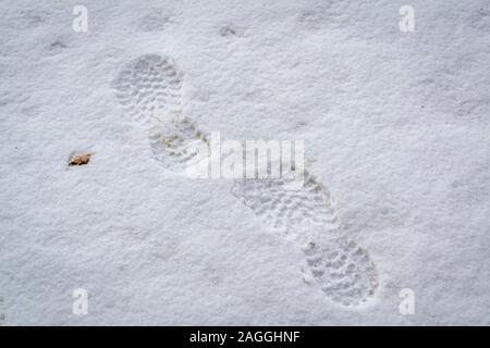 Nahaufnahme von Fuß Drucke von einem Boot in frischen weißen Schnee. Stockfoto