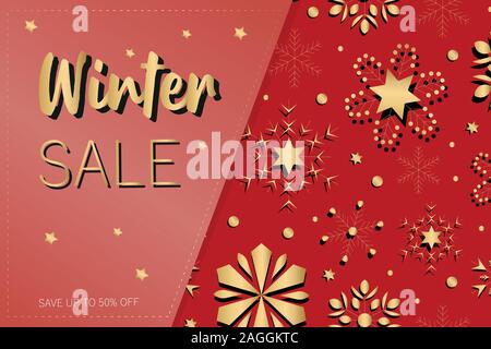 Neues Jahr Verkauf Angebot. Banner mit Gold, goldene Folie Sternen und Schneeflocken auf roten Hintergrund. Rabatt bis zu 50% Rabatt. Vector Illustration. Winter Stock Vektor