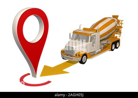 Betonmischer LKW geht Pin auf der Karte. 3D-Rendering Stockfoto