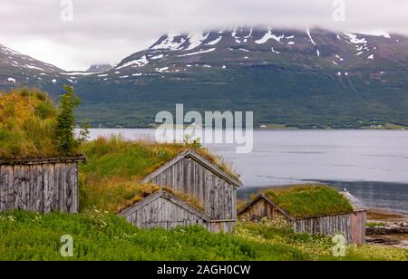 STRAUMSBUKTA, INSEL KVALØYA, Troms County, NORWEGEN - Historisches Museum Dorf Straumen Gård mit Rasen Dach Gebäude. Sod Dach ist traditionell. Stockfoto