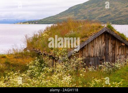 STRAUMSBUKTA, INSEL KVALØYA, Troms County, NORWEGEN - Historisches Museum Dorf Straumen Gård mit Rasen Dach Gebäude. Sod Dach ist traditionell. Stockfoto