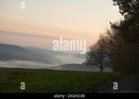 Landschaft der Eifel Deutschland mit Nebel am Abend. Stockfoto
