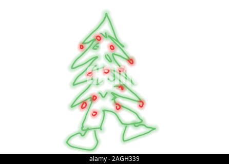 Hand abstrakter Weihnachtsbaum mit roten Spielzeug und Beine in Stiefeln gezeichnet, isolierten weißen Hintergrund. Stockfoto