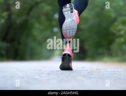 Füße eines Läufers. Frau läuft in den Wald. Close-up von Sneakers. Helathy Lebensstil. Stockfoto