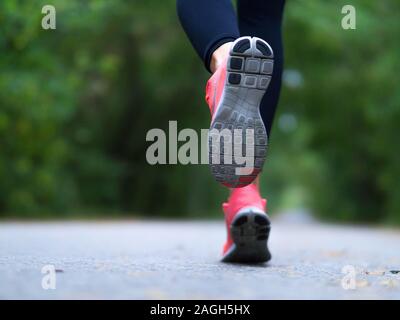 Füße eines Läufers. Frau läuft in den Wald. Nahaufnahme. Helathy Lebensstil. Stockfoto
