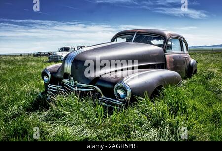 Alte verlassene Auto in einem Garten umgeben von viel Grün mit Autos auf dem Hintergrund unter einem blauen Himmel Stockfoto