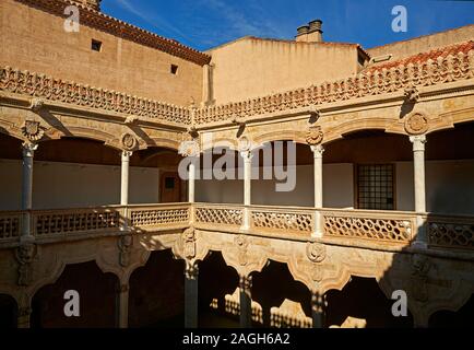 Die Terrasse des historischen "Casa de las Conchas" in Salamanca, Spanien Stockfoto