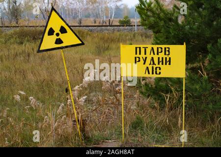 Gelbe Warnschilder für die Strahlung in der Wildnis in der Nähe der Stadt Pripyat unterzeichnen in der Ausschlusszone von Tschernobyl, Ukraine. Stockfoto