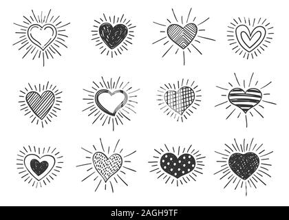 Set von Doodle dekoriert Herz geformt Symbole mit Retro-Stil Sonnenstrahlen. Sammlung von verschiedenen handgezeichneten romantischen Herzen für Aufkleber, Label, Liebe Stock Vektor