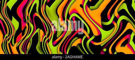 Multicolor wellenförmige Muster. Glänzend neon geschwungene Linien Hintergrund. Abstrakte psychedelischen Abbildung. Wide Format, 3D-Rendering Stockfoto