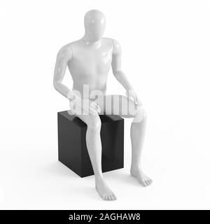 Eine weiße gesichtslosen Puppe sitzt auf einem schwarzen Kasten. Schwarze und Weiße Kunststoff 3D-Rendering auf weißem backgraund Stockfoto