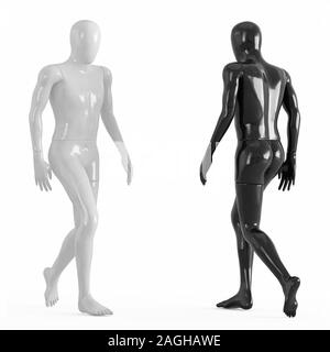 Schwarze und weiße Puppe aus glänzendem Kunststoff gehen aufeinander zu, 3D-Rendering auf weißem backgraund gemacht Stockfoto