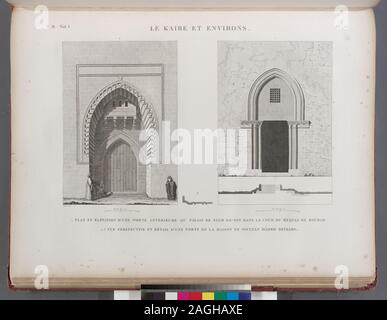 Le Kaire [cairo] et Umgebung. 1. Plan et d'une élévation Porte intérieure du Palais de NEG Micon ed-Din dans la Cour du Meqyas de Roudah [el-Rôda]; 2.3. Vue Perspektive et détail d'une Porte de la maison de Soultan Dâher Beybars.; Le Kaire [cairo] et Umgebung. 1. Plan et d'une élévation Porte intérieure du Palais de NEG Micon ed-Din dans la Cour du Meqyas de Roudah [el-Rôda]; 2.3. Vue Perspektive et détail d'une Porte de la maison de Soultan Dâher Beybars. Stockfoto