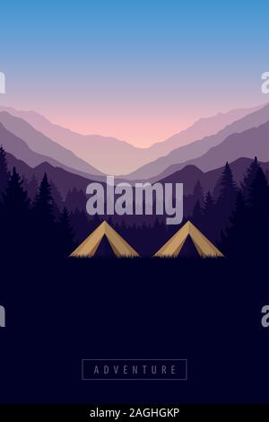 Camping Abenteuer in der Wildnis zwei Zelte im Wald an Berglandschaft Vektor-illustration EPS 10. Stock Vektor