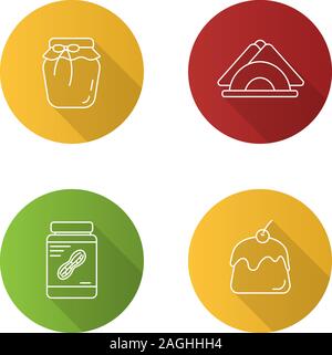 Condectionery Flachbild lineare lange Schatten Symbole gesetzt. Coffee house Menü. Erdbeermarmelade, Servietten, Erdnussbutter, Pudding. Vektor Kontur Abbildung Stock Vektor