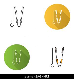 Grill Spieß und Zange Symbol. Flache Bauweise, lineare und Farbe Stile. Grill tools. Isolierte Vektorgrafiken Stock Vektor