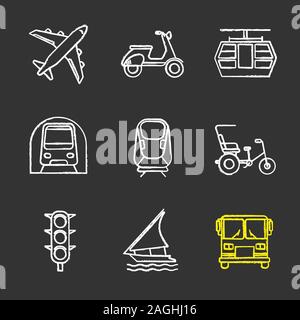 Öffentliche Verkehrsmittel chalk Symbole gesetzt. Verkehrsträger. Flugzeug, Scooter, Seilbahn, Metro, Transrapid, cycle Rickshaw, Ampeln, Segelboot, b Stock Vektor