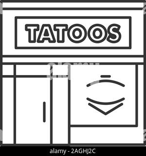 Tattoo Studio Fassade lineare Symbol. Dünne Linie Abbildung. Tätowierer Exterieur. Kontur Symbol. Vektor isoliert Maßbild Stock Vektor