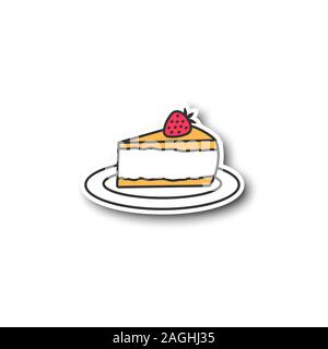 Käsekuchen mit Erdbeeren Patch. Farbe Aufkleber. Stück Kuchen. Vektor isoliert Abbildung Stock Vektor