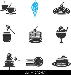 Süßwaren Glyphe Symbole gesetzt. Silhouette Symbole. Heiße Getränke, Eis, Strudel, Honigtopf, Tiramisu, Schokolade Brunnen, Sandwich cookies, cheesecak Stock Vektor