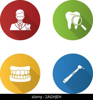 Zahnheilkunde flache Bauweise lange Schatten Glyphe Symbole gesetzt. Stomatologie. Zahnarzt, Zähne, Zahnersatz, Dental bohren. Vektor silhouette Abbildung Stock Vektor